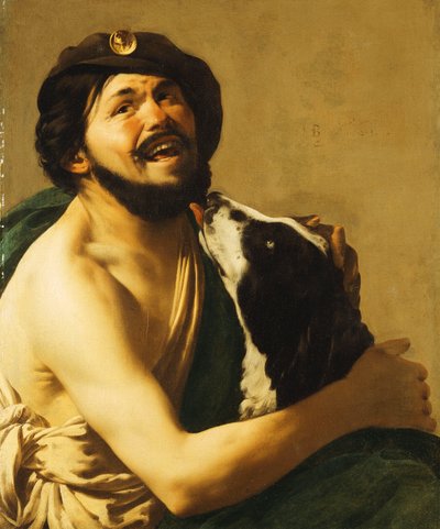 Een lachende Bravo met een hond, 1628 door Hendrick ter Brugghen
