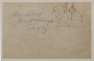 Annotatie door een latere hand. Schets van een gehurkte figuur en een steigerend paard, ?, 16e eeuw door Hendrick van Cleve
