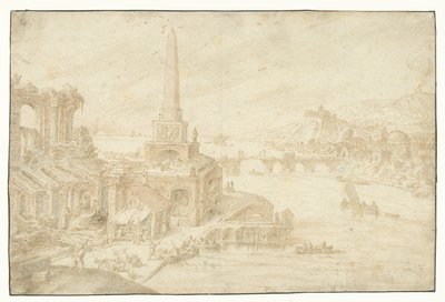 Obelisk naast ruïnes (series title) door Hendrick van Cleve