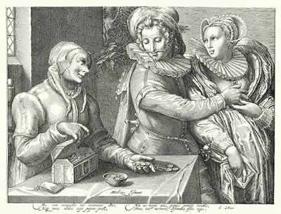 Een jonge man kiest voor liefde voor schoonheid boven rijkdom (gravure) door Hendrik (after) Goltzius