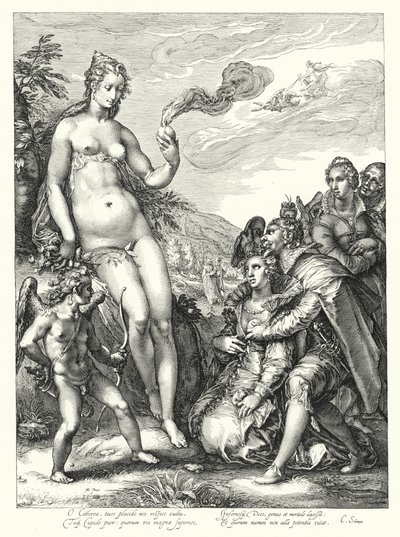 Venus, Cupido en de twee paren geliefden (gravure) door Hendrik (after) Goltzius
