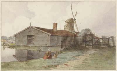 Molen met houten gebouwen bij Amsterdam door Hendrik Abraham Klinkhamer