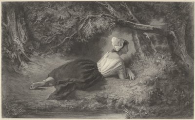 Meisje, liggend onder bomen bij een water door Hendrik Adriaan Christiaan Dekker