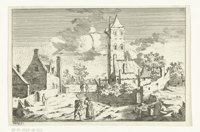 Dorpsgezicht met huizen en toren aan zandweg met figuren door Hendrik Berg