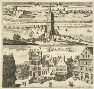 Gezicht op de Kroonenburg en het Oude stadhuis van Antwerpen door Hendrik Causé