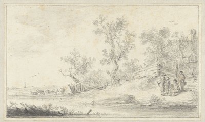 Landschap met een groep van vier personen, links vee door Hendrik Chalon