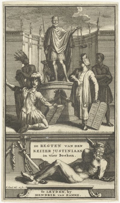 Titelpagina voor De regten van den keizer Justiniaan, Leiden, 1705 door Hendrik Elandt