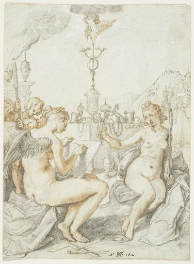 Allegorie op de kunst van het tekenen met het embleem van de kunstenaar, 1612 door Hendrik Goltzius