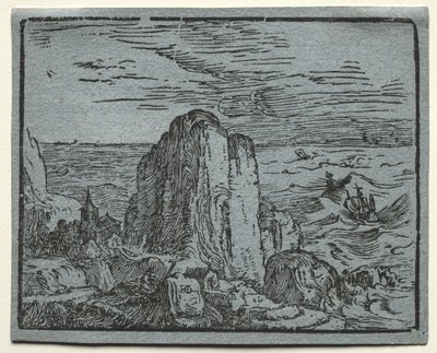 Uit een set van 4 landschappen: Nr.4- Klif aan de kust door Hendrik Goltzius