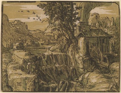 Landschap met een Waterval door Hendrik Goltzius