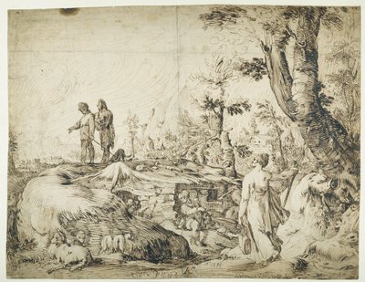 Landschap met boeren bij een hut door Hendrik Goltzius