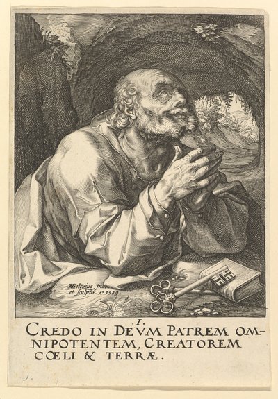 St. Peter, uit Christus, de Apostelen en St. Paul met de Geloofsbelijdenis, 1589 door Hendrik Goltzius