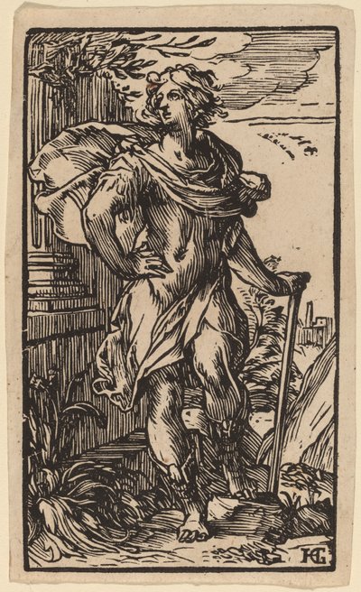 Staande jonge man met een wandelstok door Hendrik Goltzius