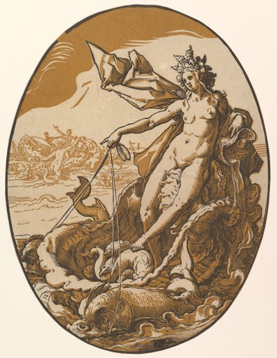Tethys liggend in een gigantische schelpenwagen getrokken door twee zeedieren, 1588-90 door Hendrik Goltzius