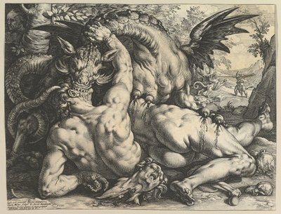 De draak die de metgezellen van Cadmus verslindt door Hendrik Goltzius