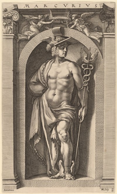 Mercurius door Hendrik Goltzius after Polidoro da Caravaggio