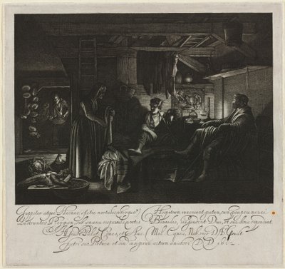 Jupiter en Mercurius in het Huis van Philemon en Baucis door Hendrik Goudt after Adam Elsheimer