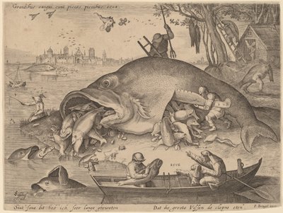 De grote vissen eten de kleine vissen door Hendrik Hondius after Pieter Bruegel the Elder