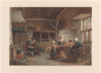 Boereninterieur, familie in de keuken door Hendrik Jacobus Scholten