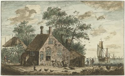 Boerderij aan een rivier door Hendrik Kobell
