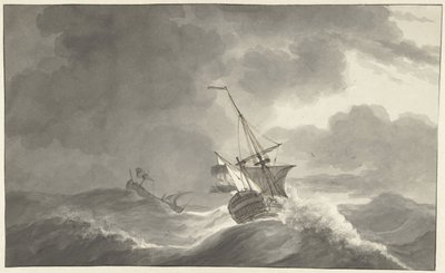 Twee schepen op zee bij storm door Hendrik Kobell