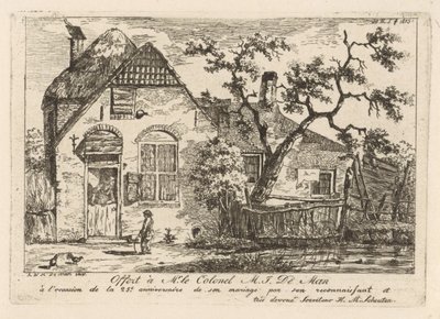 Jongen met hoepel bij een boerderij door Hendrik Marcus Schouten