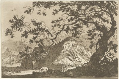 Landschap met twee boerderijen door Hendrik Meijer