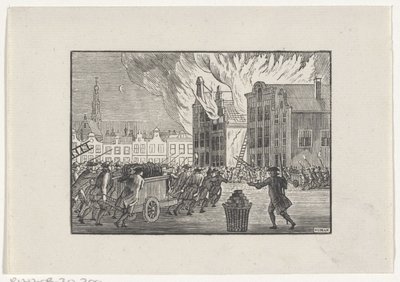 Brandweermannen snellen naar een brandend huis aan een marktplein door Hendrik Numan