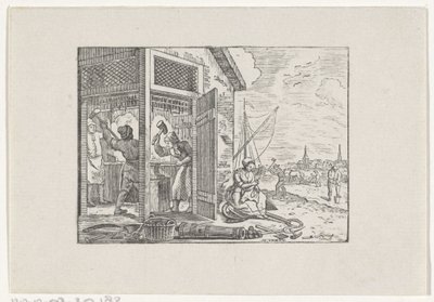 Figuren aan het werk in een smederij en op het land door Hendrik Numan