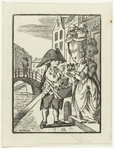 Straatverkoper van haardecoratie met twee klanten door Hendrik Numan