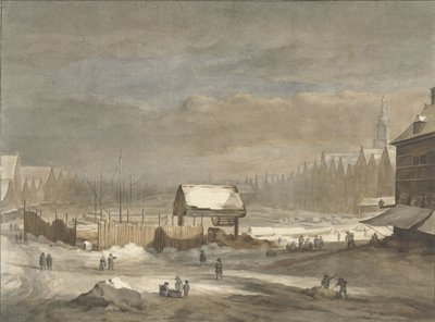 Het Damrak in de winter door Hendrik Pothoven