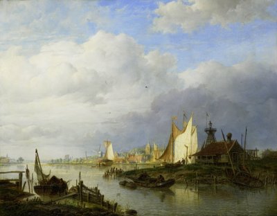 Boten op een rivier met een baken van licht door Hendrik Vettewinkel