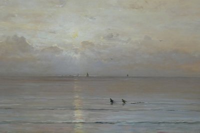 Dutch: Zonsondergang met garnalenvissers door Hendrik Willem Mesdag