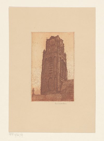 Studie van een kerktoren door Hendrik de Boer (signed by artist)