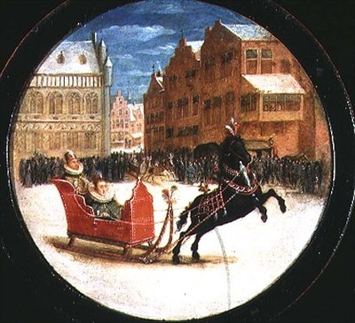 Winterlandschap met figuren in een paardenslee door Hendrik the Younger Steenwyck