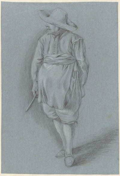 Man in 17e-eeuwse kledij met hoed, schort en mes door Hendrik van Velthoven (attributed to)