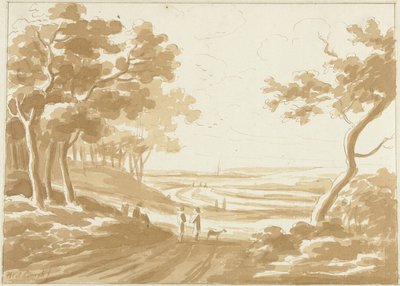 Landschap met een pad waarop mensen lopen door Hendrik van der Burgh