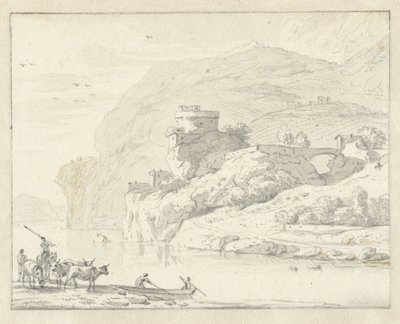 Italiaans berglandschap met herders en vee, en twee figuren in een boot die de rivier oversteken door Hendrik van der Straaten (attributed to)