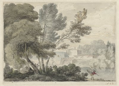 Rivierlandschap met op de voorgrond een man met een schepnet door Hendrik van der Straaten (possibly)