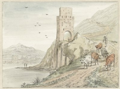 Italiaans rivierlandschap met bergen en een poorttoren door Hendrik van der Straaten