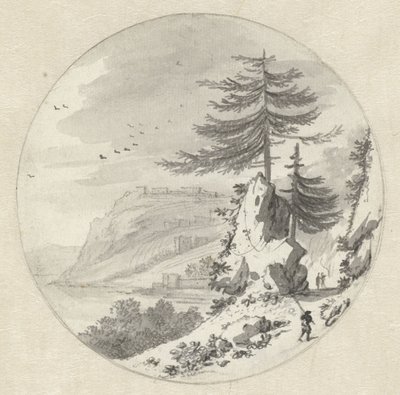 Bergachtig kustlandschap met een grote spar door Hendrik van der Straaten