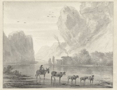 Rotsachtig rivierlandschap met een herder met zijn vee en schapen door Hendrik van der Straaten