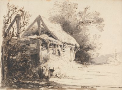 Een oude schuur, bomen en koe door Heneage Finch fourth Earl of Aylesford