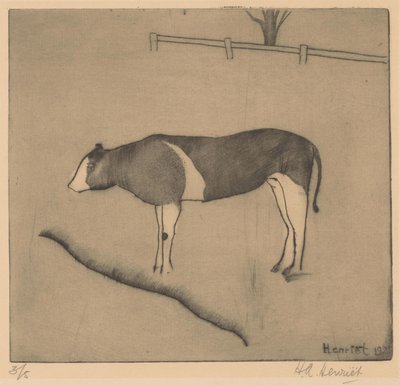 Koe staand bij een oever door Henk Henriët (signed by artist)