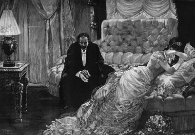 Terugkeer van het bal: een jaloeziescène tussen een huilende vrouw en een man die nerveus zijn handschoenen uittrekt. Gravure naar het schilderij van Henri Gervex (1852-1929). In 