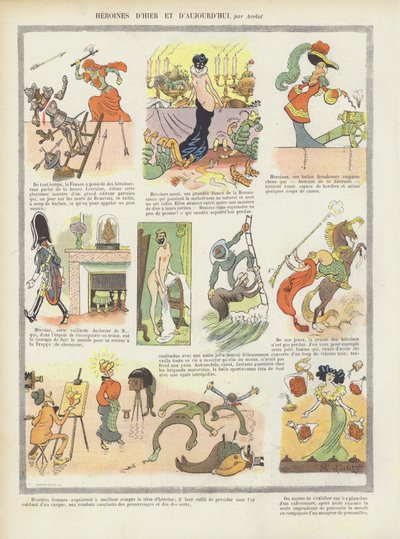 Heldinnen van vroeger en nu. Illustratie voor Le Rire door Henri Avelot