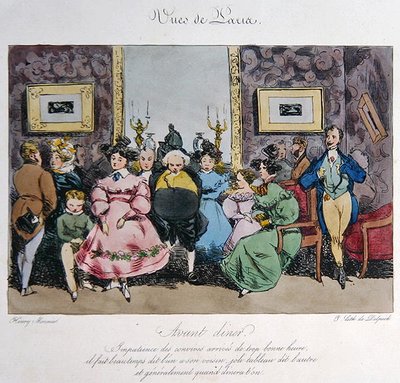Humoristische weergave van het gedrag en de conversatie van gasten voor het diner, gegraveerd door Francois Seraphin Delpech (1778-1825) door Henri Bonaventure (after) Monnier