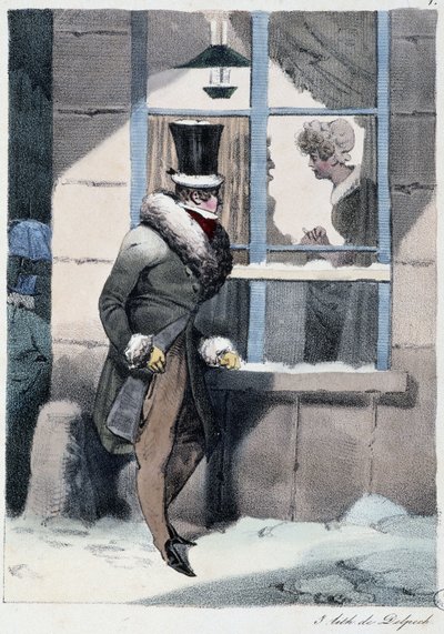 Nieuwsgierige man die uit het raam kijkt in een huis: "Iedereen vindt zijn plezier waar hij het vindt" - in "Les pastemps" door Henri Monnier, ed. Delpech, Parijs door Henri Bonaventure Monnier