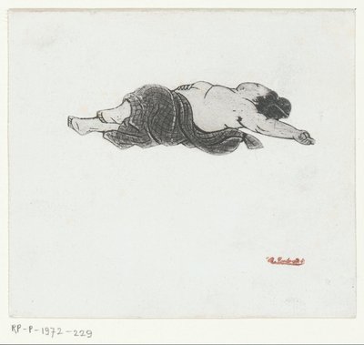 Liggende Japanse vrouw met ontbloot bovenlijf door Henri Charles Guérard (attributed to)