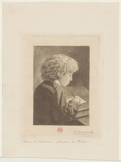 Schrijvende jongen door Henri Charles Guérard (signed by artist)